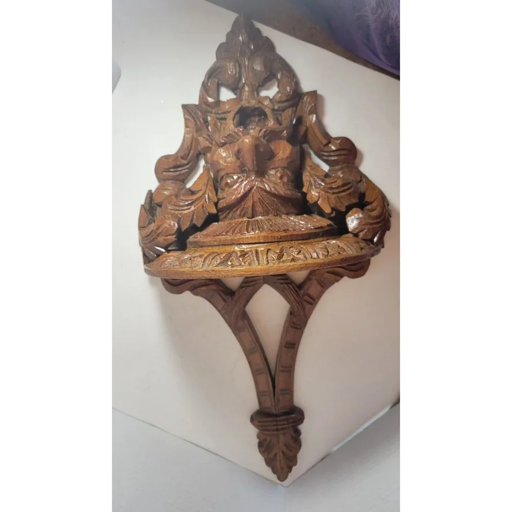 Beautifully Ornate Hand Carved Figural Wood Bracket Wall Shelf, set of two.